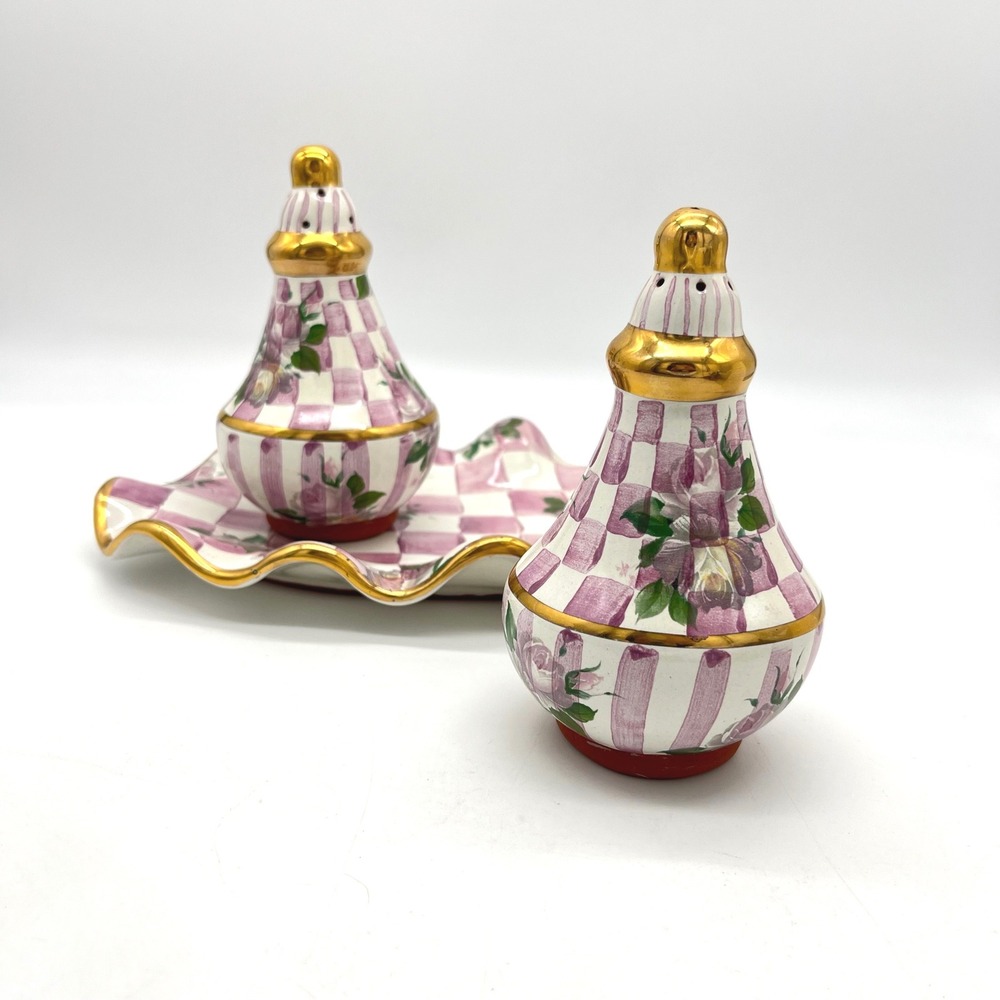Retired MacKenzie-Childs Rose Petal Salt Pepper Shakers with Tray Pink Floral